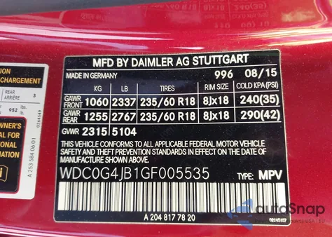 2016 Mercedes-Benz Glc 300 from USA, damaged, VIN WDC0G4JB1GF005535